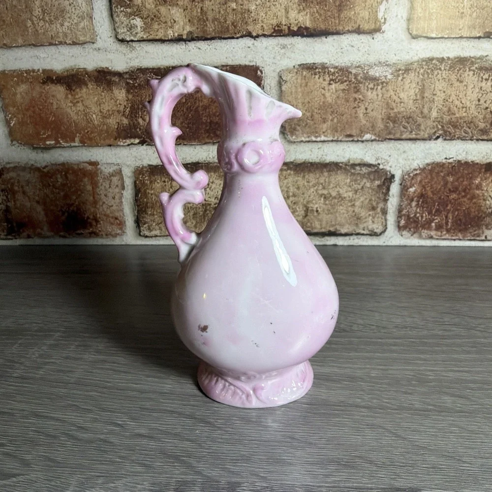 VTG Hand Painted Reticulated Porcelain Mini Ewer Pitcher Pink Gold Floral Vase